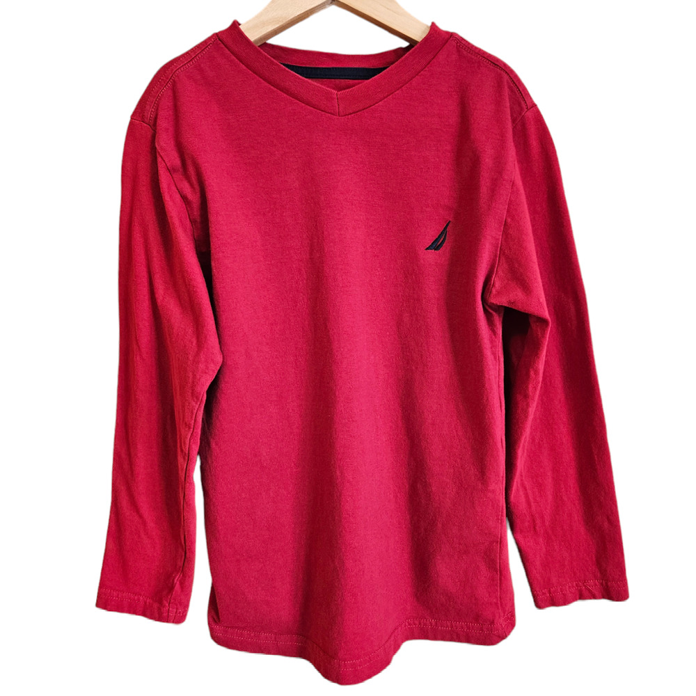 Nautica Boy's VNeck Long Sleeve Shirt Red Small (8)